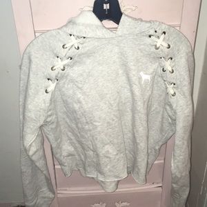 PINK heather grey crop top hoodie